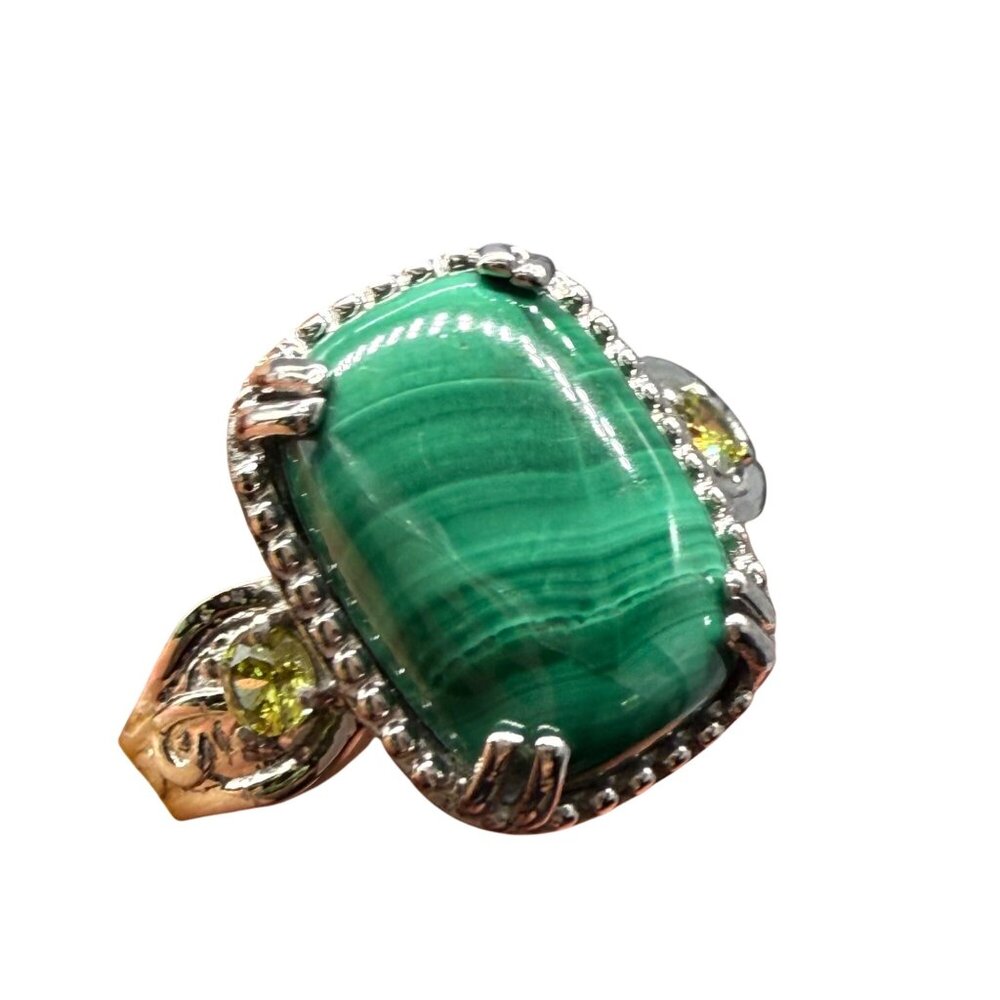 Stainless Steel Malachite Ring With Yellow Gem Accents Size 11